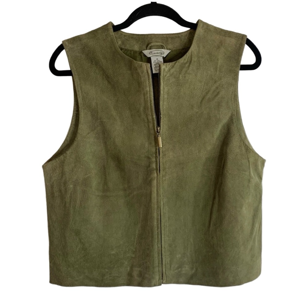 Vintage Stonebridge Olive Green Suede Leather Zip Up Vest Rustic, size M